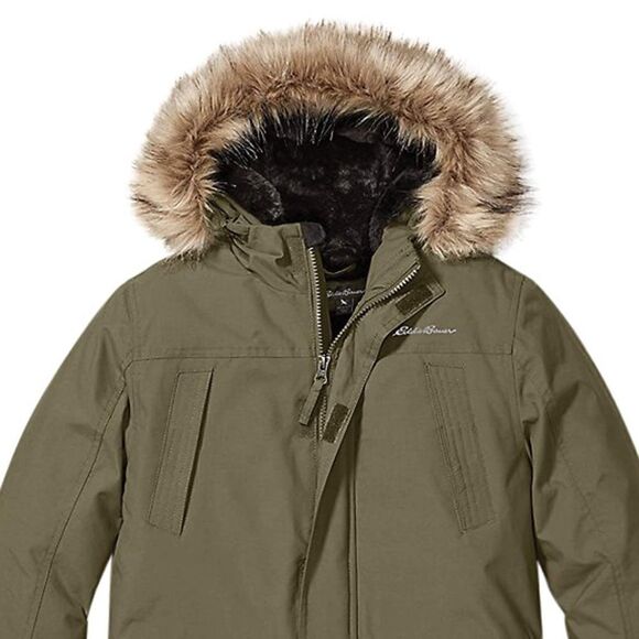 Eddie Bauer Olive Down Filled Hooded Fur Coat - Picture 1 of 5